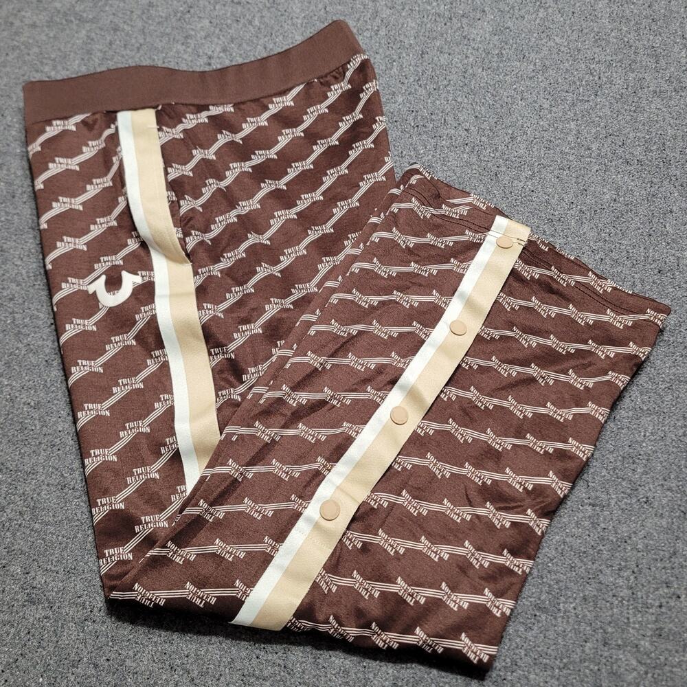 True Religion Pants Large Brown AOP Monogram Track Warm Up Snap Flare Wide Leg